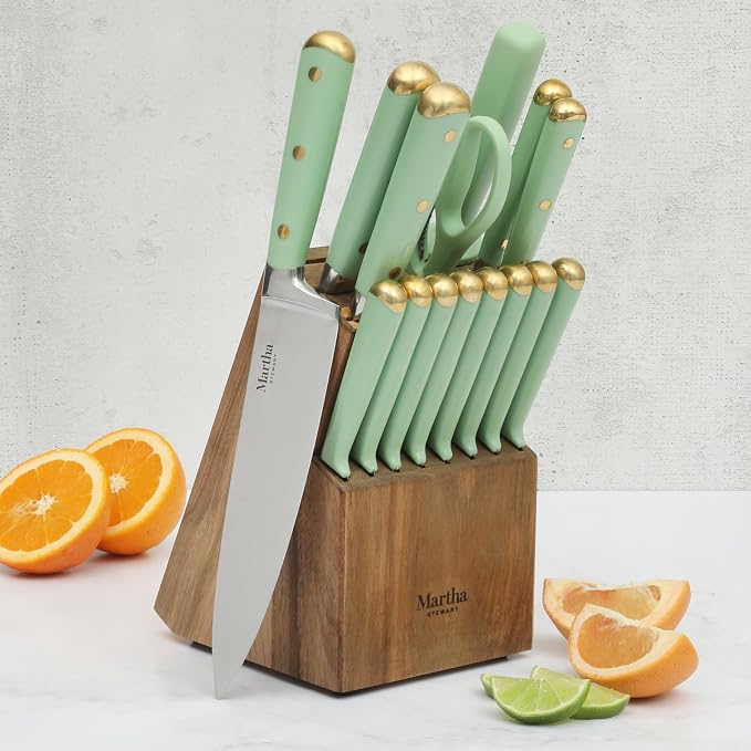 Martha Stewart 16-Piece Lockton High Carbon Stainless Steel Knife Block Set - Forged Full Tang Chef Knives, Acacia Wood Block, Triple Riveted Handles, Sage Green & Gold