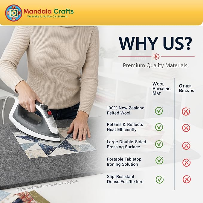 Mandala Crafts 11.5×14.5 in 100% New Zealand Wool Pressing Mat Ironing Pad | Portable, Thick, with Iron Rest, Heat Resistant, Thick, Board Alternative, for Sewing, Quilting, Embroidery, Any Surface