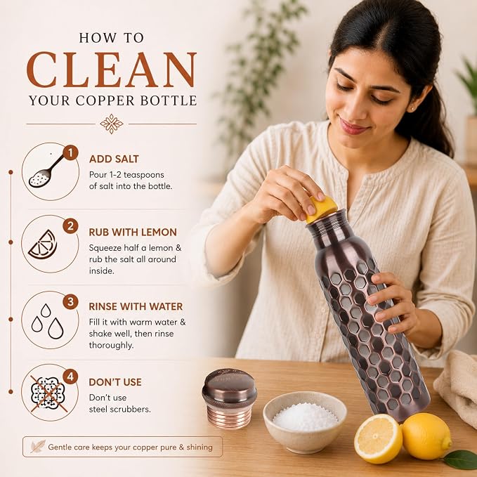 Copper Water Bottle 32 Oz Extra Large, Real Copper Drinking Bottle, Antique Honeycomb Ayurvedic Pure Bottle for Drinking Water, Leak Proof Lid with Cleaning Brush, Home Office Use