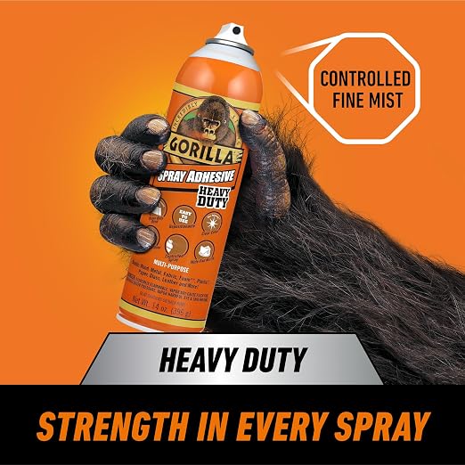 Gorilla Heavy Duty Spray Adhesive, Multi Purpose & Repositionable, Clear, 14 oz (Pack of 1) Bonds Paper, Cardboard, Foam, Fabric, Photo Safe, Non-Yellowing, Indoor & Outdoor