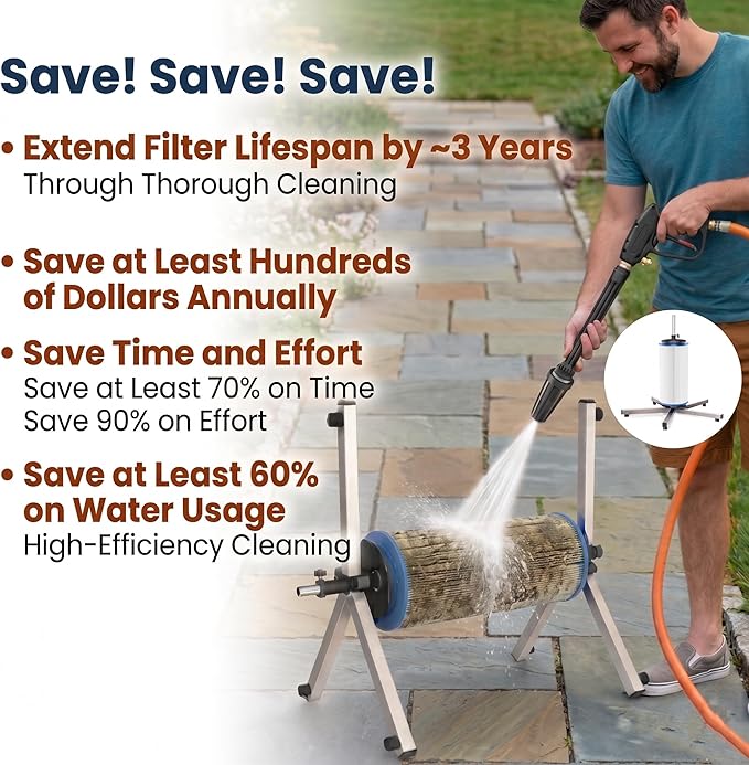 Deerchirp Filter Cleaner, Cut Cleaning Time By 6X for Deeper Cleaning, Rotary Pool Cartridge Filter Cleaner, Bend-Free Use, Stainless Steel Pool Filter Cleaning Stand Tool, Fits 3”, 4”, 6” ID Filters