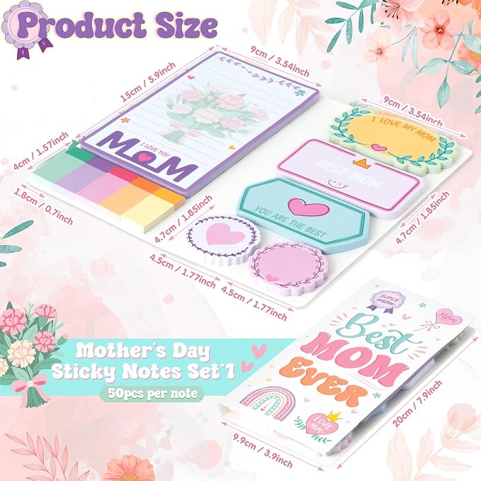 Xqumoi Mother's Day Sticky Notes Set - 550 Sheets Best Mom Ever Self-Stick Note Pads Floral Heart Divider Tabs Bundle Memo Pad, Mother's Day Birthday Gifts for Mom Wife Grandma
