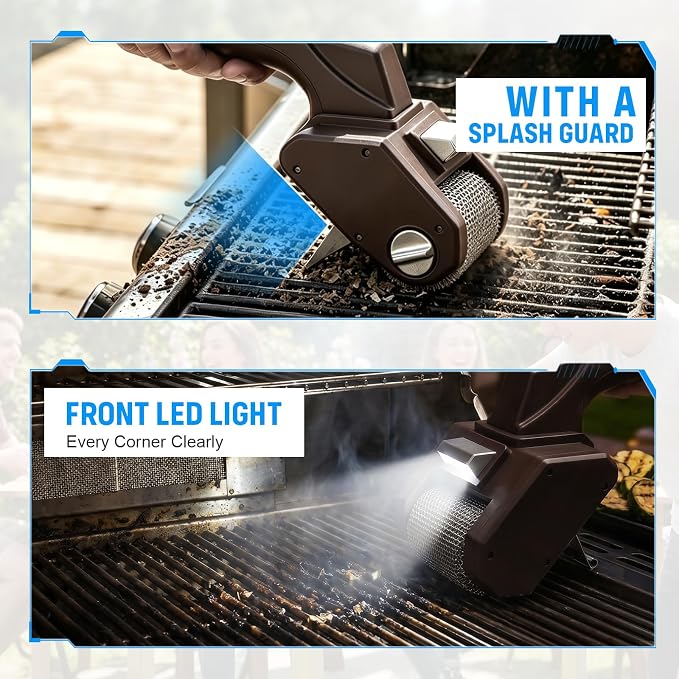 Electric Grill Brush, 350 RPM BBQ Automatic Grill Cleaner with 2 Replace Cleaning Heads, 2600mAh Battery Power Grill Scrubber for Outdoor Flat Top, Cast Iron, Barbecue Grates, Brown