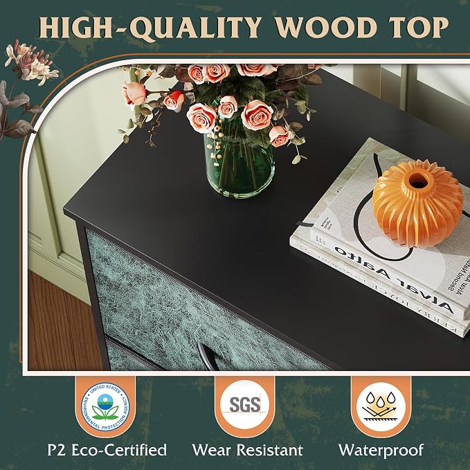 WLIVE Small Dresser Nightstand for Bedroom, 4 Drawers, Vintage Green | 4 vertical fabric drawers, Space-saving tower, Bedroom or closet use, Chest of drawers, Dresser for small spaces