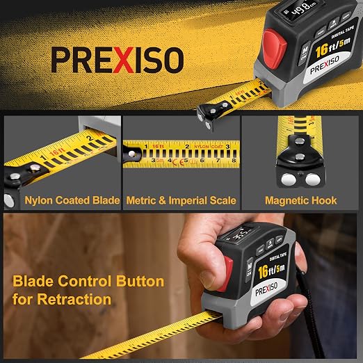 PREXISO 2-in-1 Digital Tape Measure - 16Ft Rechargeable Digital Measuring Tape Ruler Ft/Ft+in/in/M/CM/MM Unit, Metric & Inches Retractable Measurement Tape Tools, Auto Lock, Pythagorean, Area, Volume