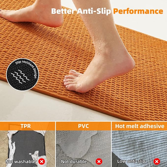 TYUU Bathroom Rugs Non Slip Washable, Super Absorbent Thin Bath Mat Quick Dry Low Pile Bathroom Rug, Orange 20"x48"