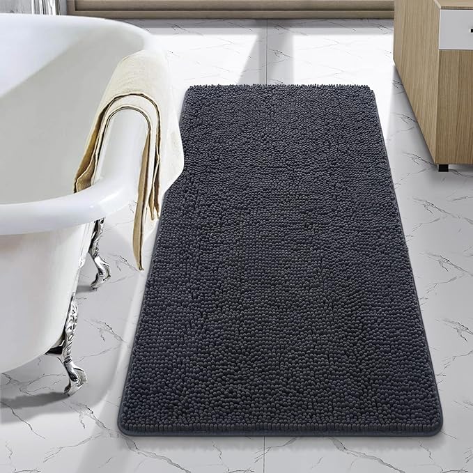 LOCHAS Luxury Bathroom Rug Shaggy Bath Mat 24 x 44 Inch, Dark Grey | Washable Non Slip Bath Rugs for Bathroom Shower, Soft Plush Chenille Absorbent Carpets