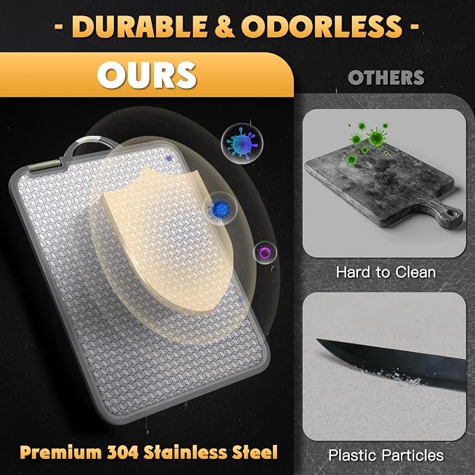 Large Stainless Steel Cutting Board, 16 Inch Double Sided Chopping Board for Kitchen, Non Toxic, Scratch-resistant Mesh Design, Juice Groove, Dishwasher Safe, 304 Stainless Steel and Wheat Straw PP