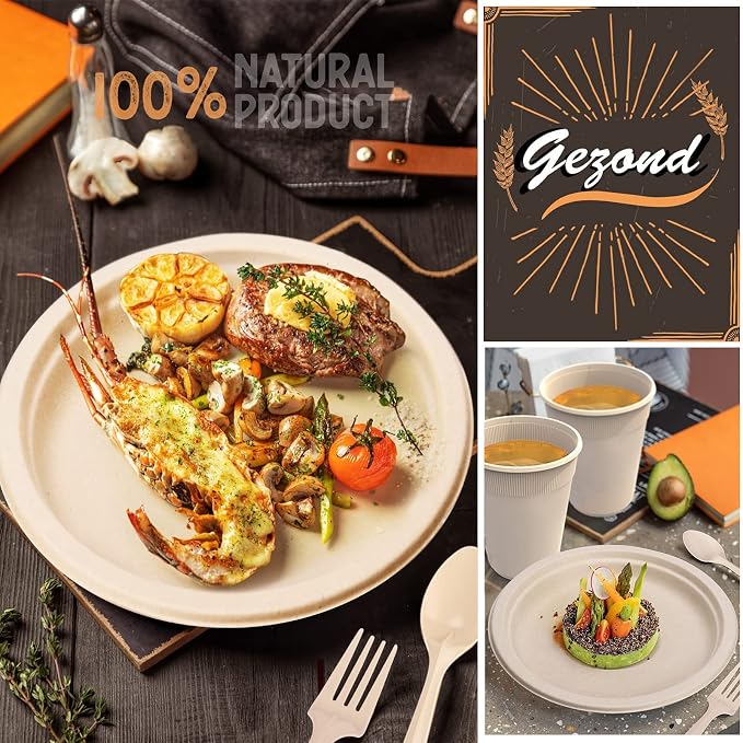 Gezond 350pcs Compostable Paper Plates Set Eco-friendly Heavy-duty Disposable Paper Plates Cutlery Includes Eco-friendly Plate, Forks, Knives, Spoons, Cups and Straws for Wedding Party, 50 Guests