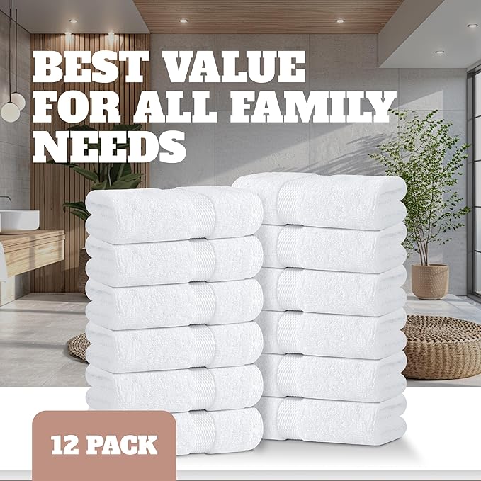 Wealuxe White Washcloths 12 Pack - 600 GSM 100% Ring-Spun Cotton Wash Cloths for Showering, Highly Absorbent and Soft | 12x12 Inches