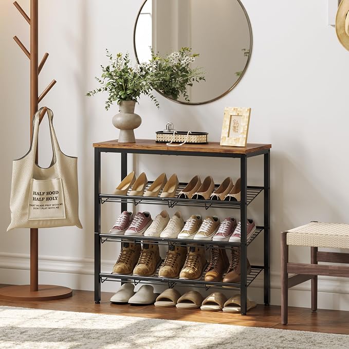 Nunsino Shoe Rack for Closet,4 Tier Shoe Organizer for Entryway,Shoe Shelf with Storage Shelves and Spacious Top,Max Holds 16 of Shoes,Rustic Brown