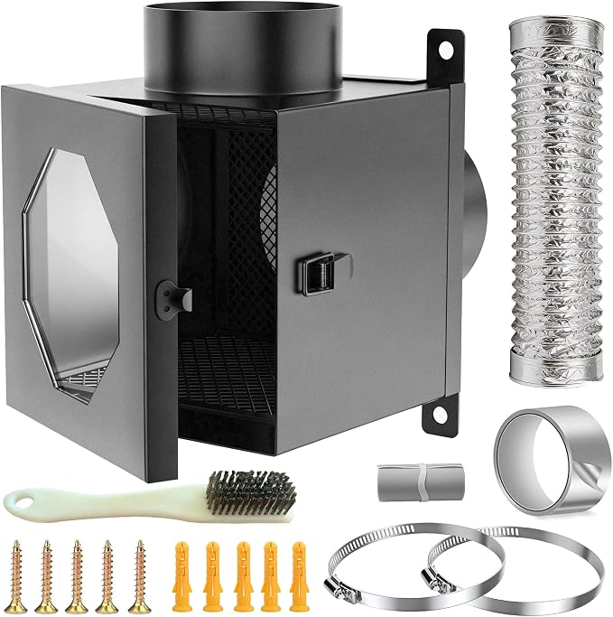 Metal Indoor Dryer Vent Lint Trap Box, 4" Secondary Dryer Lint Catcher Kit with 5FT Hose & Stainless Steel Clamps, Easy to Install for Electric Clothes Dryer, 90-degree Dryer Vent Filter (Black)