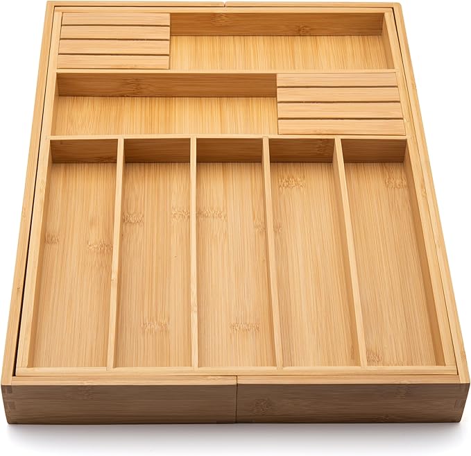 Purawood Bamboo Drawer Organizer with Knife Blocks - Silverware Organizer & Utensil Drawer Organizer, Cutlery Tray with Dividers, 7-9 Slots- Premium Kitchen Organizer for Utensils & Flatware (Natural)
