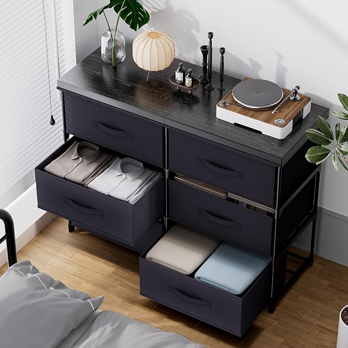 GcdPai Dresser with 6 Fabric Drawer Leather Desktop Sturdy Metal Plastic Support Tube Cube Storage Cabinet for Bedroom Organization Dorm Front Hall Entryway