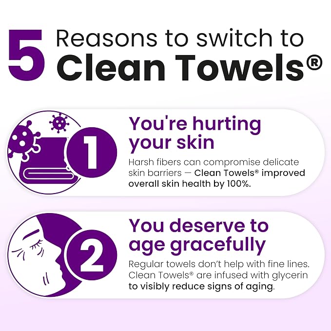 Clean Skin Club Healthy Aging Clean Towels® XL, Smooths, Treated for Extra Softness, Disposable Face Towels, Anti Aging Makeup Remover Dry Wipe, 2 Packs, 100 Ct Total