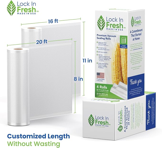 Vacuum Sealer Bags for Food Combo Pack, 2 Rolls 11" x 16' + 2 Rolls 8" x 20' - Heavy Duty Food Saver Vacuum Sealer Bag Rolls - Sous Vide, Seal a Meal Bags - Made in the US