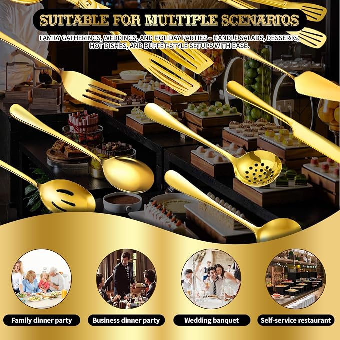 20 PCS Serving Utensil Set - Stainless Steel Complete Buffet Catering Utensils for Summer BBQ, Grilling, Picnic, Parties & Family Gatherings - Outdoor Serving Set (Gold)