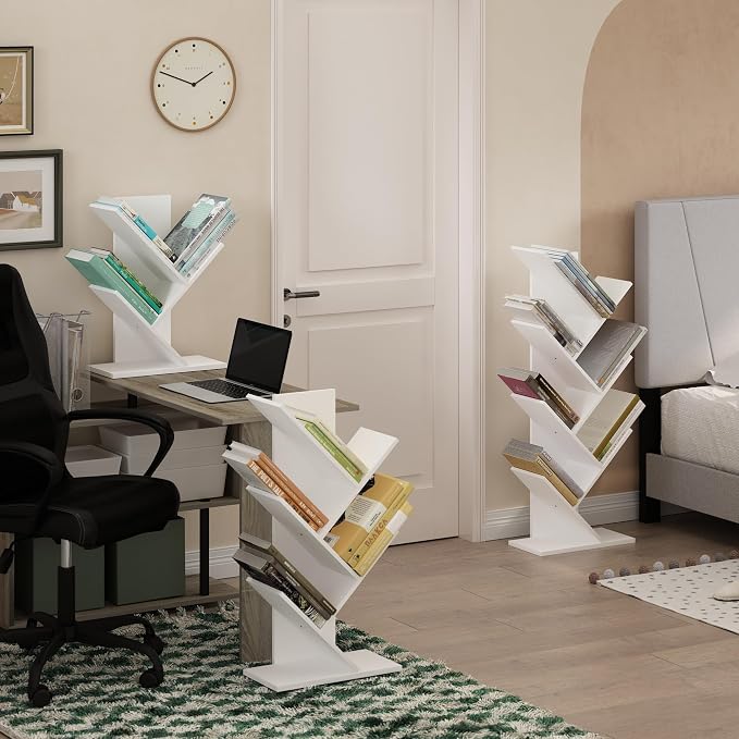 Furinno Tree Book Shelf, 7-Tier Bookshelf with Angled Open Shelf, Tree Bookcase for Room Decor, 8.4 x 15.7 x 39.4, for Organization and Storage, for Living Room, Bedroom, Home Office, White