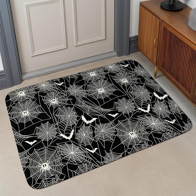 Halloween Bathroom Rugs Non Slip Washable Bath Mat Absorbent Low Pile Front Door Mat Black Scary White Bat Animal Net Geometric Indoor Doormat for Kitchen Entryway Shower Decor Accessories 19.7"x31.5"