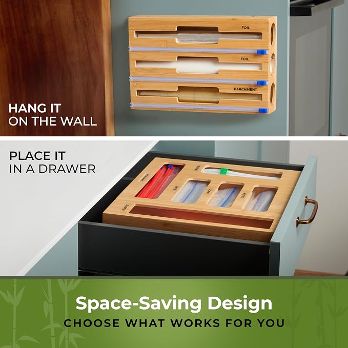 Kitchen Drawer Organizer, 9 in 1 Sandwich Storage Bag Organizer & Foil Wrap Dispenser - Fits Gallon, Quart, Snack - Plastic Bag Storage for Kitchen Organization [Measure Your Drawer Before Ordering]