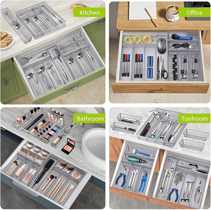 Neudeco Drawer Organizer Set, Silver Mesh, 6 Pack | 5-Compartment Silverware Tray, 5 Utensil Trays, Non-Slip, For Flatware, Cutlery, Office Supplies