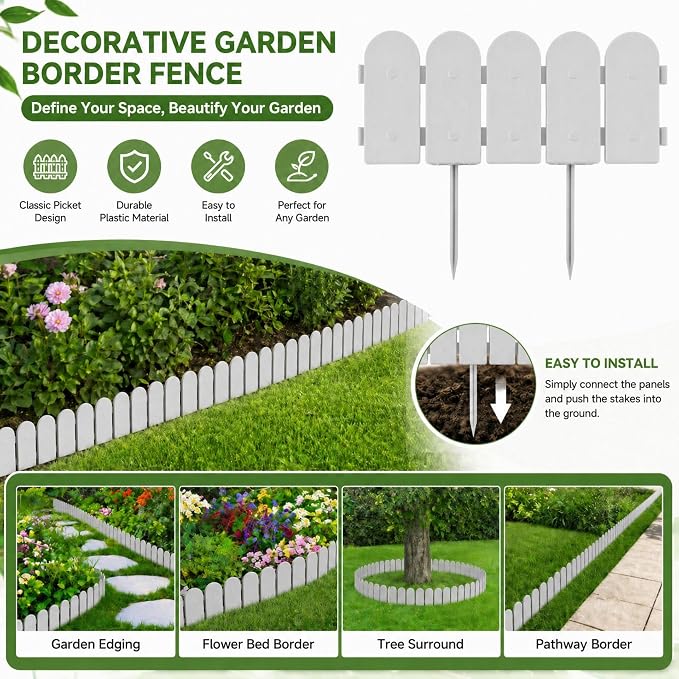 Garden Border Plastic Edging: Wooden Fence Design - 8pcs Gray Yard Landscaping Fence Liner Lawn Edge Barrier - 10ft Kit of Decorative Lawn Panels Elements -Landscaping Edging-GMT-10374-E08