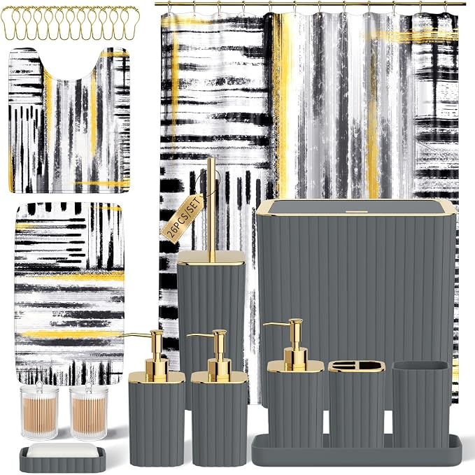 Bathroom Set - Bathroom Accessory Set, Grey Bathroom Set, 26PC Bathroom Sets with Shower Curtain and Rugs, Toilet Brush, Trash Can, Qtip Holder & Bathroom Soap Dispenser Set