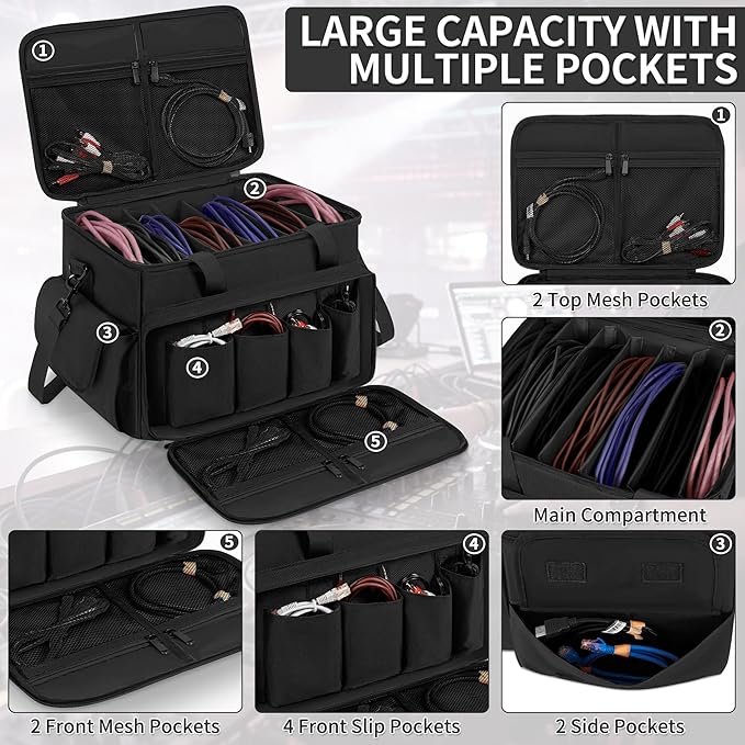 IBVIVIC DJ Cable File Bag with 6 Detachable Dividers High Capacity Gig Cable Bag for Cords,DJ Gear,Sound Instrument and Accessories, Black