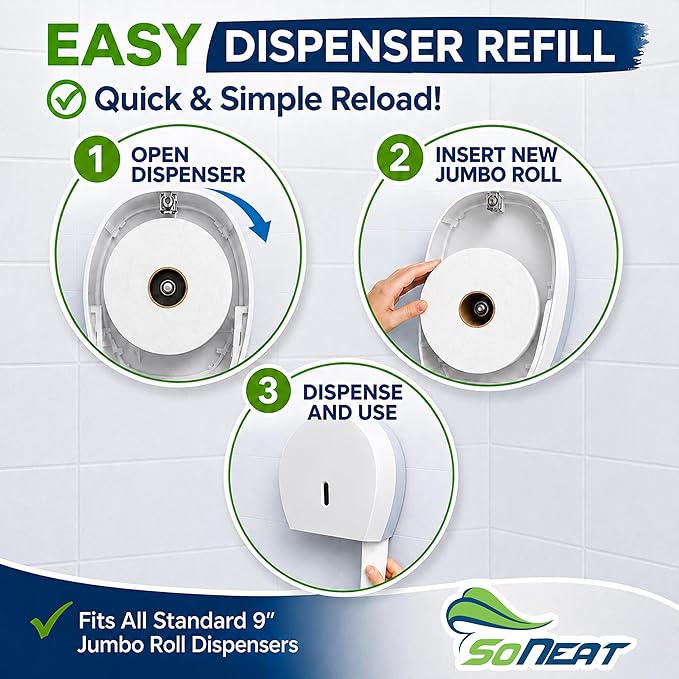 Commercial toilet paper - Jumbo toilet paper rolls -3,600 FT Industrial 3-Ply 9” Bulk Large Roll for Standard Jumbo Dispenser -100% Recycled Fibers-Soft and Absorbent Bathroom Tissue -6 Roll Case Pack