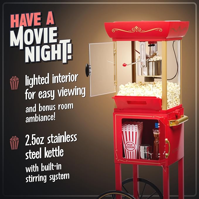 Nostalgia Popcorn Maker Machine - Vintage Theater Style Popcorn Cart With 2.5oz Stainless Steel Kettle, Makes Up To 10 Cups Easily - Bring Home the Fun with Theater Style Popcorn Machine- Red