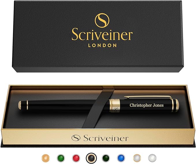 Scriveiner Personalized Black Rollerball Pen - Stunning Luxury Pen, Jet Black Lacquer & Real Gold Plating, Schmidt Ink Refill, Best Engraved Roller Ball Gift for Men & Women, Custom Name Engraving