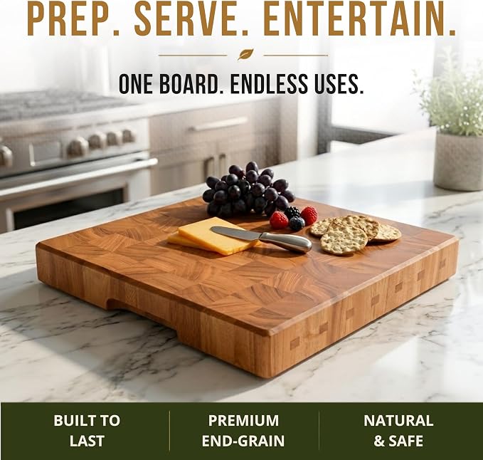 SHUMARU Mahogany End Grain Cutting Board 12.6×12.6×2 in with Holder – Handmade Checkered Butcher Block, Knife-Friendly, Non-Slip Feet, Ergonomic Handles