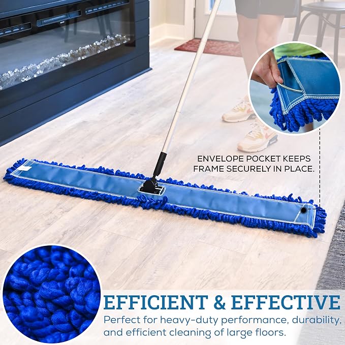 KLEEN HANDLER 48 Inch Microfiber Dust Mop, X-Large Washable Commercial, Sweeper, Janitorial Head Replacement, Push Mop Broom, Blue