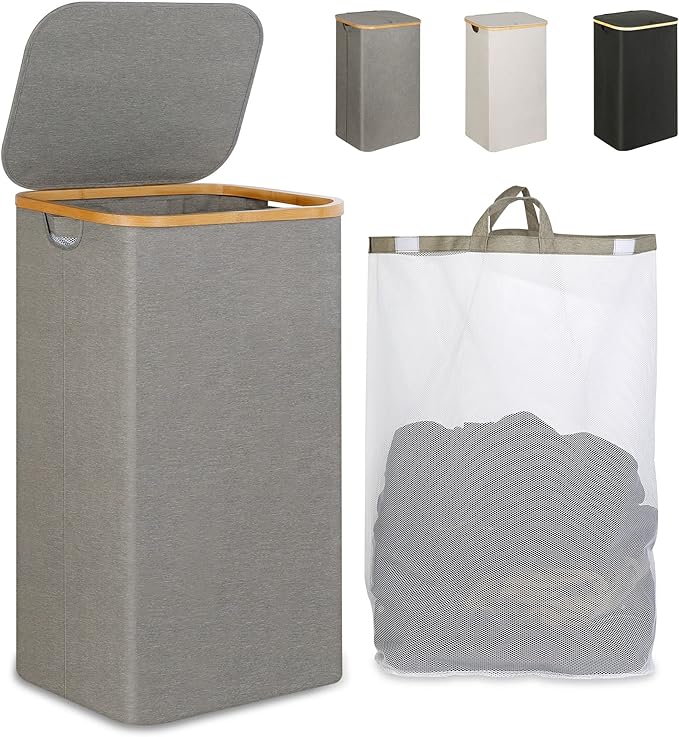 iEGrow Laundry Hamper with Lid, 110L Large Laundry Hamper with Handle and Lid, Collapsible Clothes Basket Organizer with Removable Inner Bag for Clothes Toys Towels - Grey