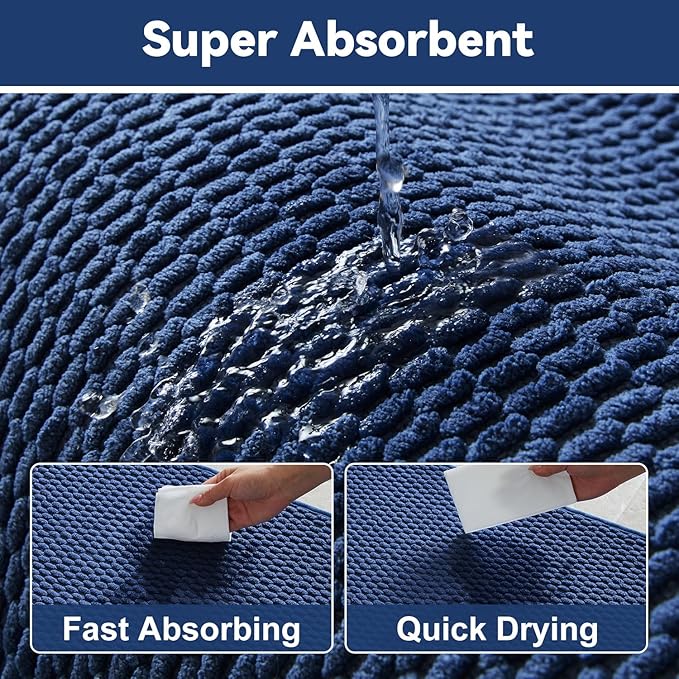Triohero Bathroom Rugs Non Slip Washable, Super Absorbent Thin Bath Mat Quick Dry Low Pile Bathroom Rug, Navy Blue 24"x47"