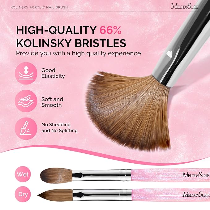 MelodySusie Kolinsky Acrylic Nail Brush,66% Kolinsky Hair,Professional Nail Art Brush for Acrylic Application, Aurora Collection Fine Glitter Brush, Size 10