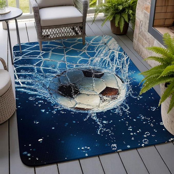 Soccer Ball Washable Area Rugs for Living Room Bedroom, Large Non Slip Indoor Floor Carpet Absorbent Low Pile Wet Net Power Shot Blue Football Door Mat Rugs for Bathroom Entryway 63"x78.7"