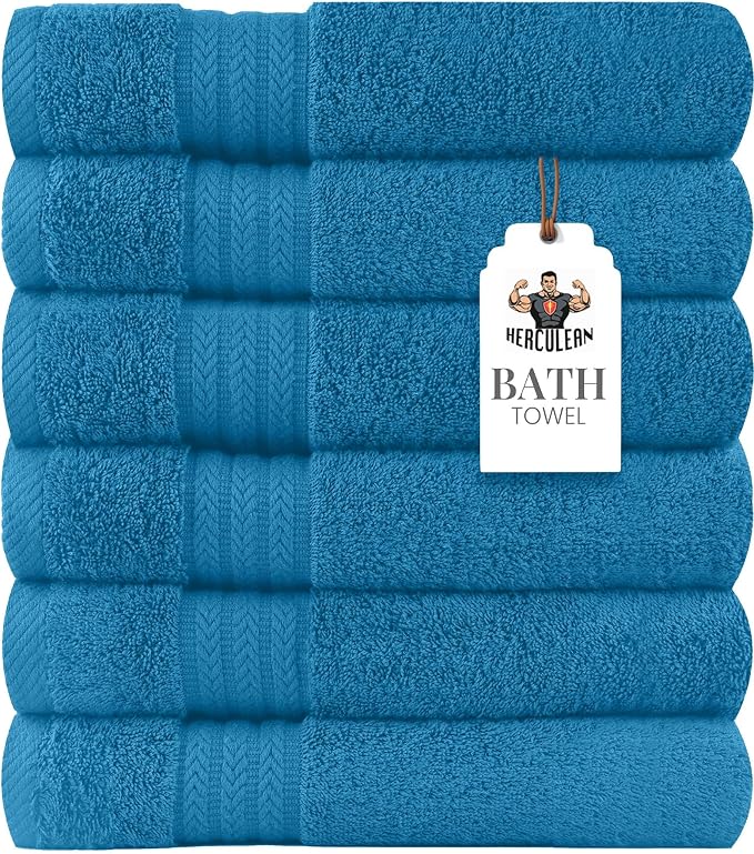HERCULEAN Large Bath Towels 24 x 50 Pack of 6 | Quick Dry and Highly Absorbent | 100% Cotton Terry Towels for Bathroom - Perfect for Shower - Pool and Spa - Luxury Soft Towels - Teal Blue