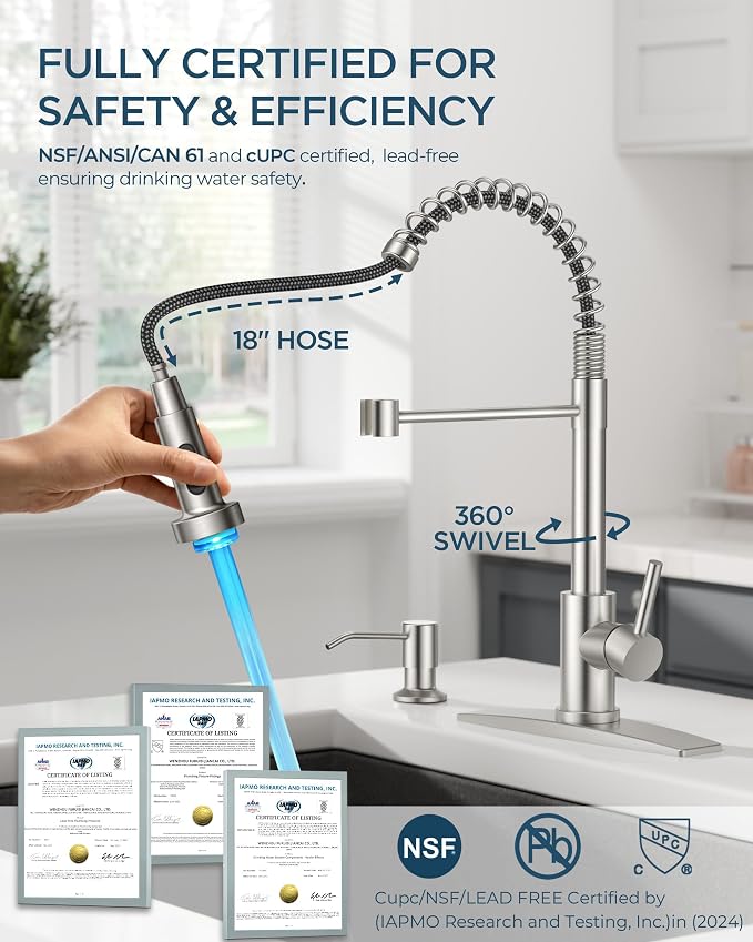 FORIOUS LED Kitchen Faucet with Soap Dispenser, Brushed Nickel Stainless Steel Traditional Spring Commercial Pull Out Sink Faucet with Pull Down Sprayer for Laundry RV Camper Bar Farmhouse