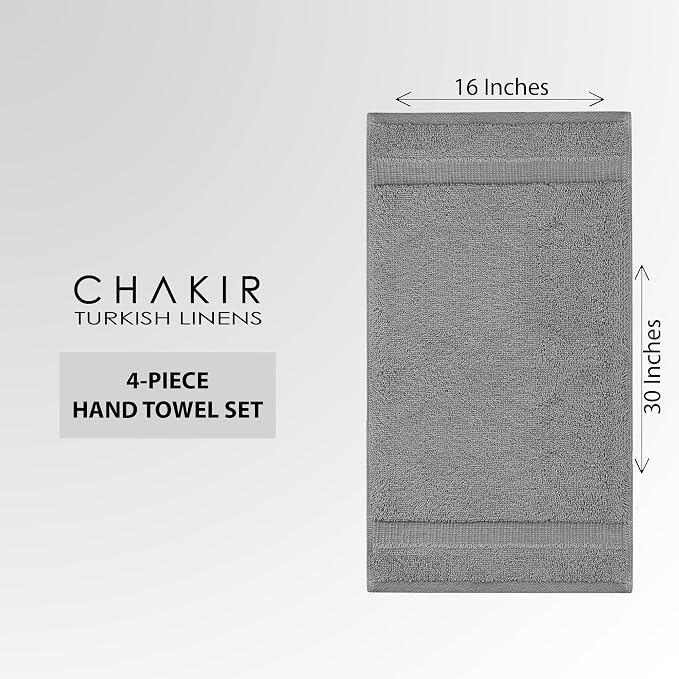 Chakir Turkish Linens 4 Piece Hand Towels, 100% Cotton Turkish Towels for Bathroom, Luxury Soft Absorbent Hand Towel Set, 16 x 30 Inches, Gray