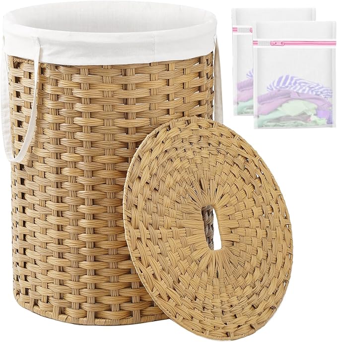 SETVSON Laundry Basket with Lid Round 29.1 Gal PE Rattan, Natural | Family Clothes & Blanket Trunk with Lid, Removable Liner Bag with Handles, 2 Mesh Wash Bags, Collapsible Steel Frame