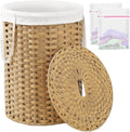 SETVSON Laundry Basket with Lid Round 29.1 Gal PE Rattan, Natural | Family Clothes & Blanket Trunk with Lid, Removable Liner Bag with Handles, 2 Mesh Wash Bags, Collapsible Steel Frame