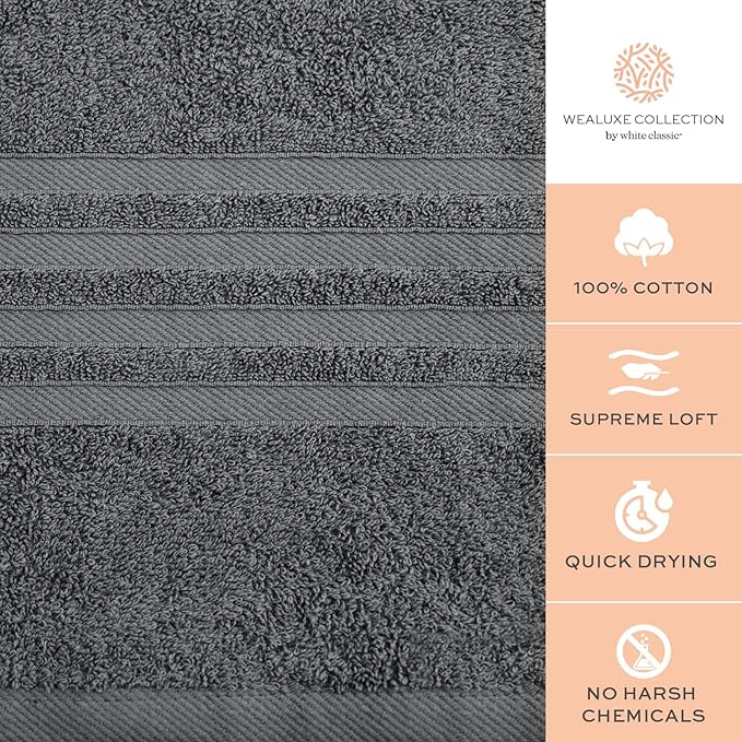 White Classic Wealuxe Grey Bath Towels Set of 4, Cotton Body Towel for Hotel, Gym, Spa, Soft Extra Absorbent Quick Dry Towels for Bathroom 27x54 Inch