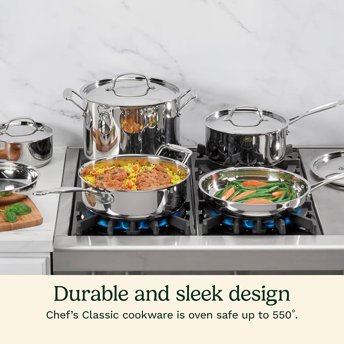 Cuisinart 7-Piece Stainless Steel Pots and Pans Set, Cookware Set Compatible with Induction, Electric, Gas Cooktops, Aluminum Core for Quick Even Heat, Cool Grip Handles, Dishwasher Safe, Oven Safe | Dishwasher-safe pots and pans set with oven/inductio...