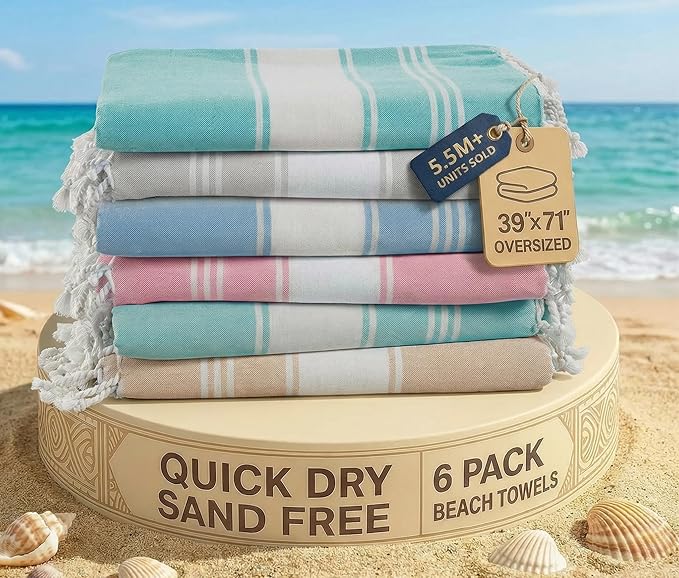 LANE LINEN Turkish Beach Towels for Women, 6 Pcs, Sand Free - Vintage Beach | Large 39"x71", Pre-Washed - No-Shrink, Sand-Free - Quick Dry, Lightweight - Soft Beach Bath Towels, Vacation Essential