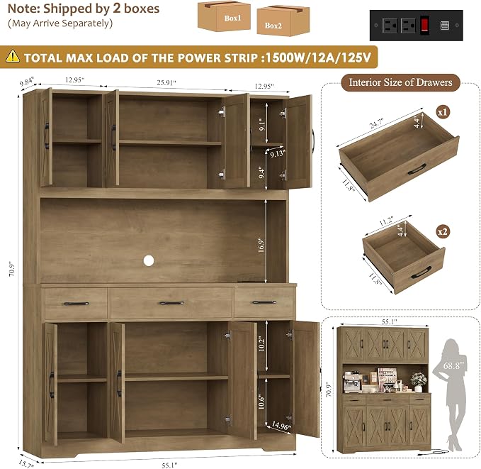 HOSTACK 71" Tall Kitchen Pantry Storage Cabinet, 55" W Kitchen Hutch, Brown | Large Pantry Cabinet with Charging Station / Countertop / 3 Drawers, Farmhouse Hutch Cabinet with Storage for Dining Room