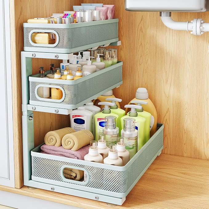 Under Sink Organizer, 1-Pack 3-Tier Thickened Metal Pull out Cabinet Organizer Shelf, Height Adjustable Slide out Storage Drawer Rack for Kitchen Bathroom Pantry Laundry Home Organization, LightBlue