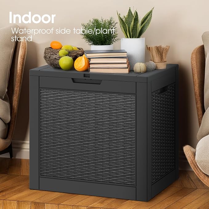 29 Gallon Outdoor Storage Box, Resin Deck Boxes Indoor and outdoor, Waterproof Storage Box Lockable Lid for Garden Tools, Package Delivery, Pool Supplies, Patio Cushions, Black