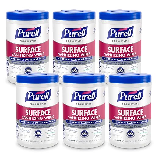 PURELL Foodservice Surface Sanitizing Wipes, Fragrance Free, 110 Count Canister, 7"x 10" Wipes (Pack of 6) - 9341-06