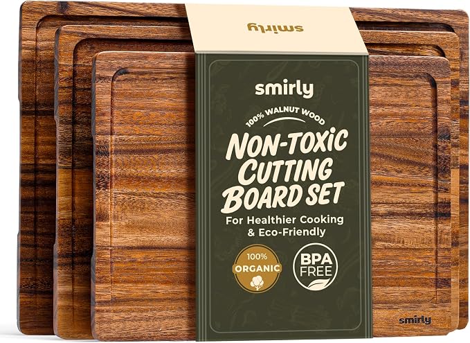 SMIRLY Walnut Cutting Board - 3 Pack Wood Cutting Boards for Kitchen | Non Toxic Walnut Wood Cutting Board with Juice Grooves and Handles, Multiple Sizes Chopping Board for Meal Prep & Charcuterie